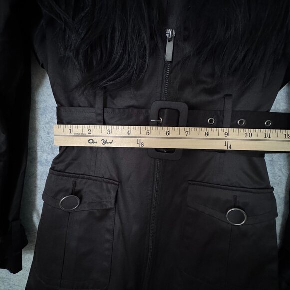 Bebe Black Trench Coat Real Fur Trim Collar Designer Zipper Belt Size XS - Picture 11 of 14